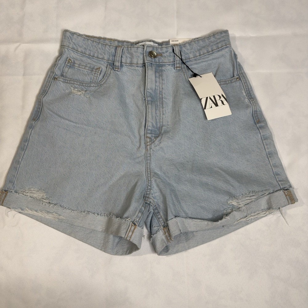 Zara Women 8 / 40 High Rise Denim Mom Shorts Light Wash Blue 100% Cotton NWT